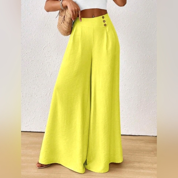 Women's Solid Color Button Front Pleated Wide Leg Pants, Elegant Fashion - Picture 1 of 5